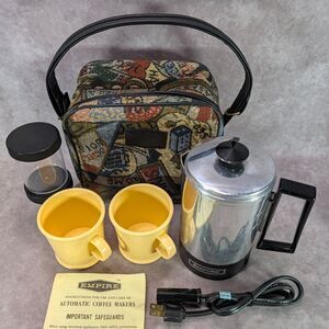 Vintage Empire 1874-10 Travel Percolator Coffee Maker Kit Bag Mugs Jars Tested